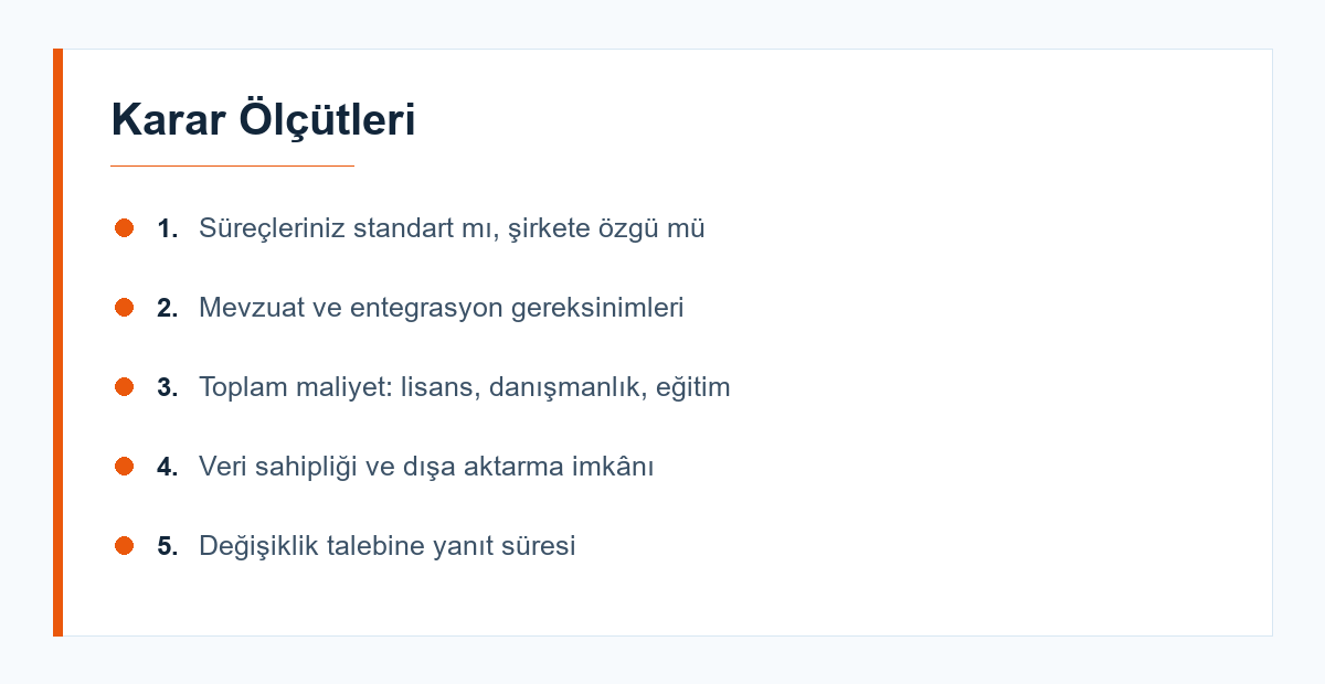 ERP seçiminde dikkate alınacak ölçütlerin özeti