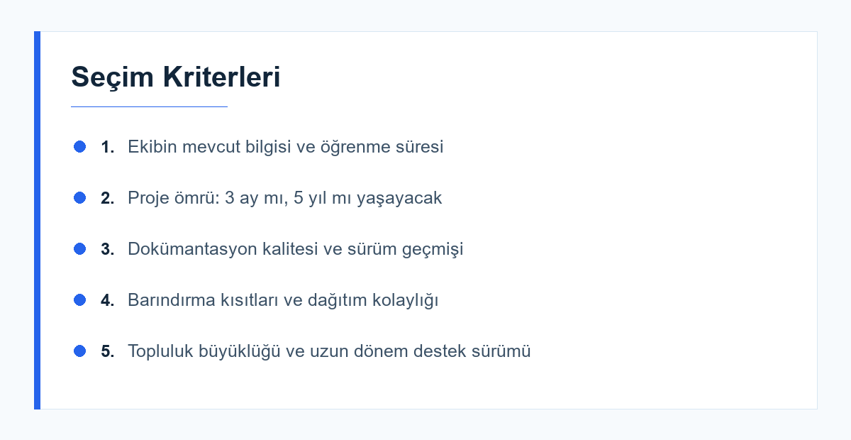 Framework seçerken bakılacak kriterleri özetleyen görsel