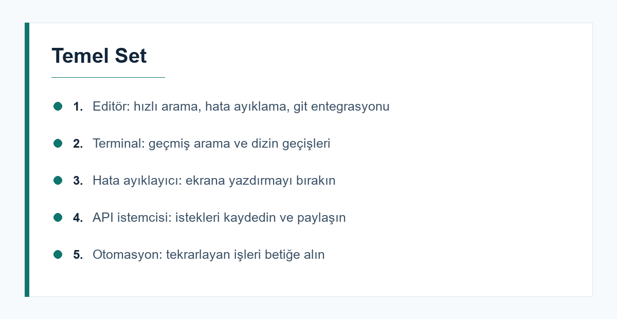 Bir geliştiricinin ihtiyaç duyduğu temel araç seti