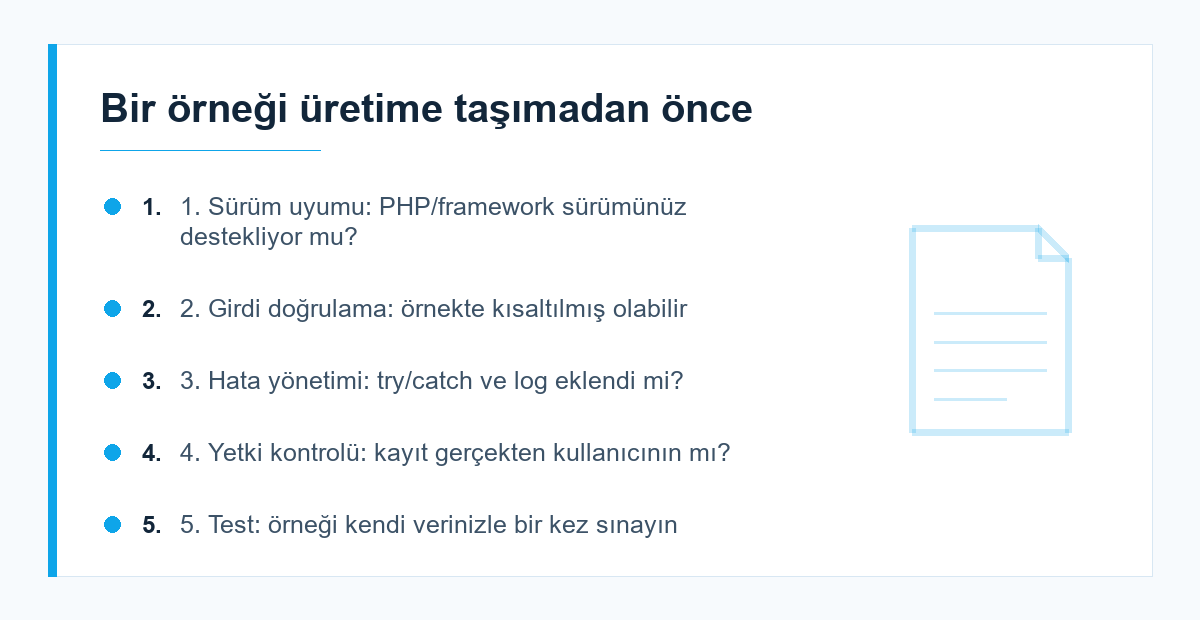 Kod örneğini üretime taşıma kontrol listesi
