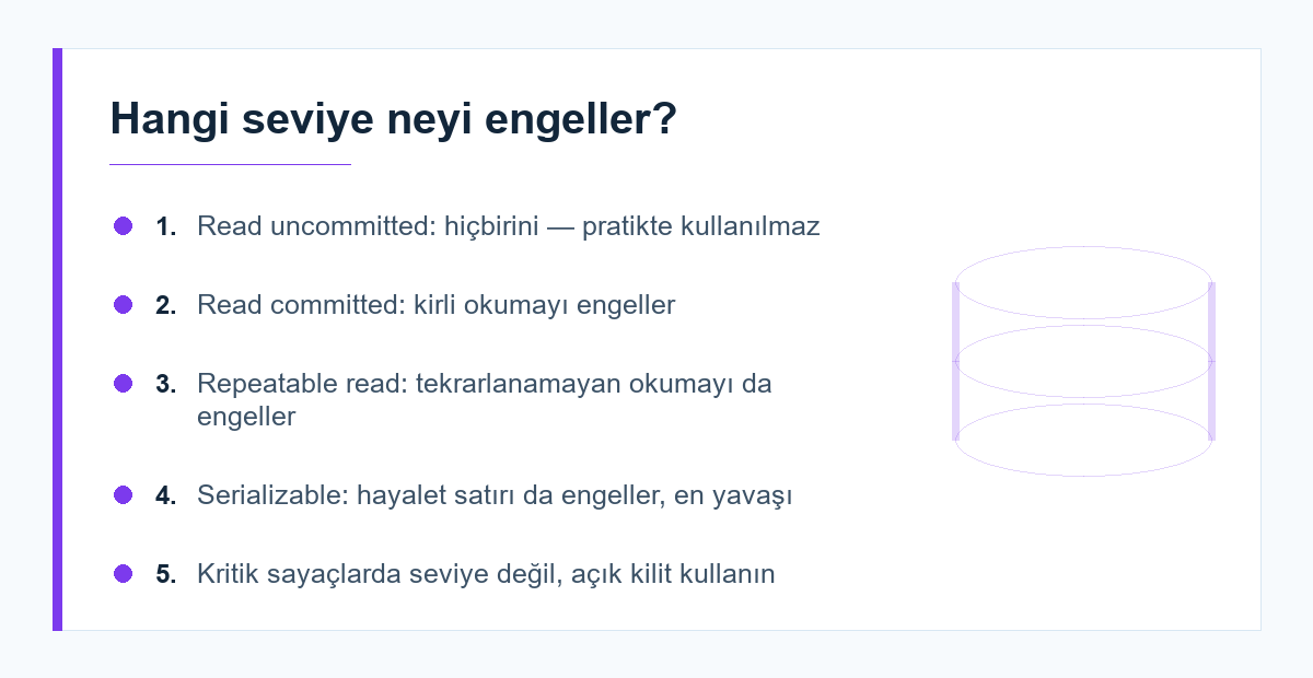 İzolasyon seviyeleri karşılaştırma listesi