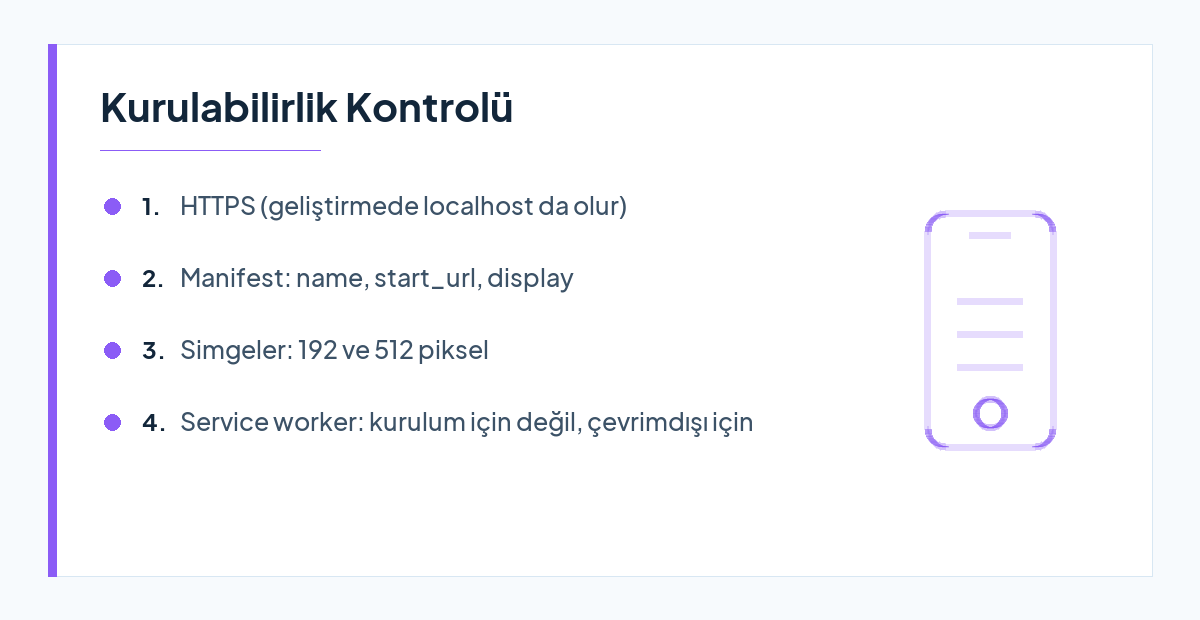 Bir web sitesinin PWA olarak kurulabilmesi için gereken şartların listesi